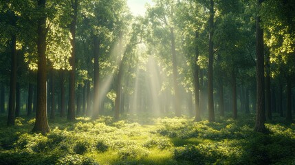 Obraz premium Sunlight streams through a dense forest