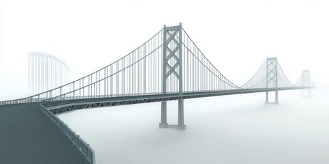 Fototapeta premium Large suspension bridge emerging from thick fog with faint city buildings in the background creating a calm and mysterious atmosphere