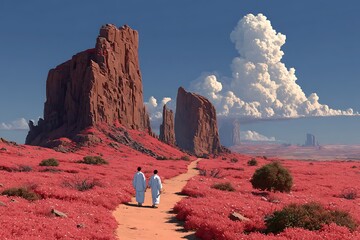 Red landscape with sandstone buttes figures