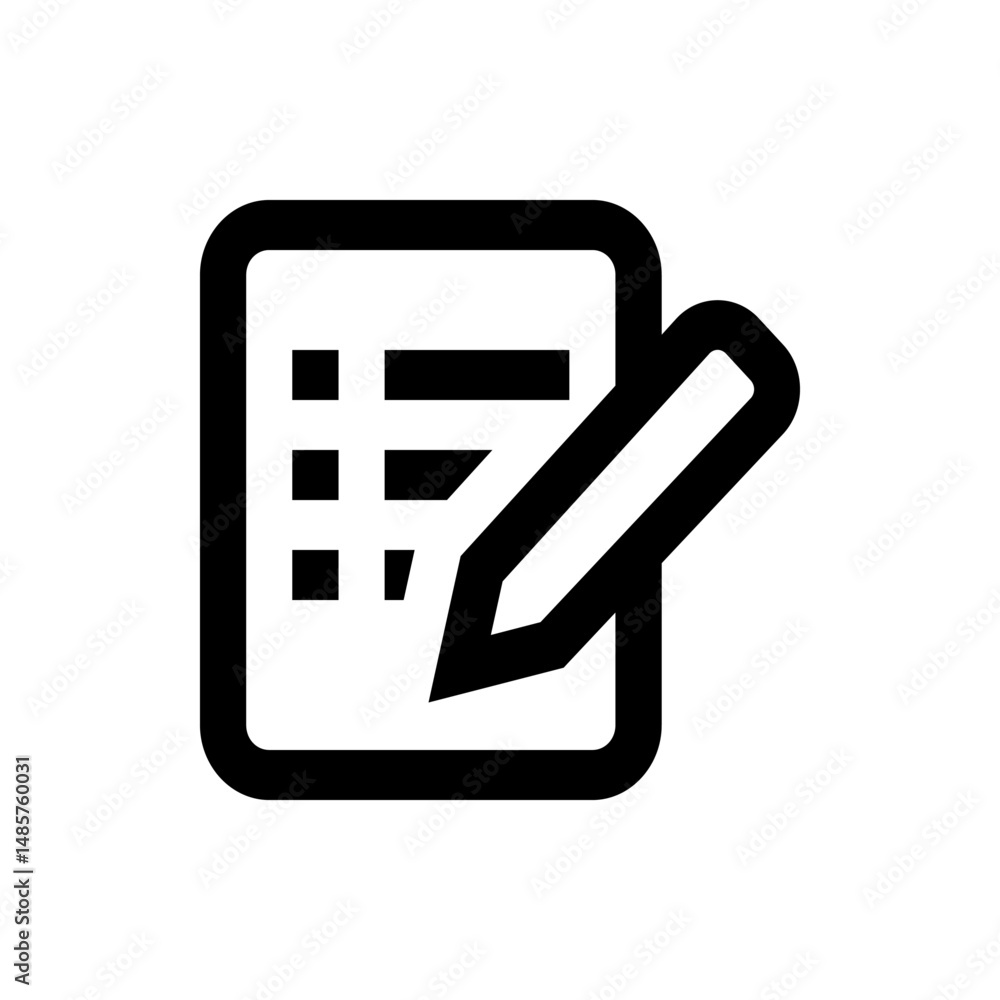 Poster illustration of a document with lines and a pencil writing or editing on it in a simple black and wh