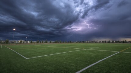 Fototapeta premium Soccer field during a thunderstorm
