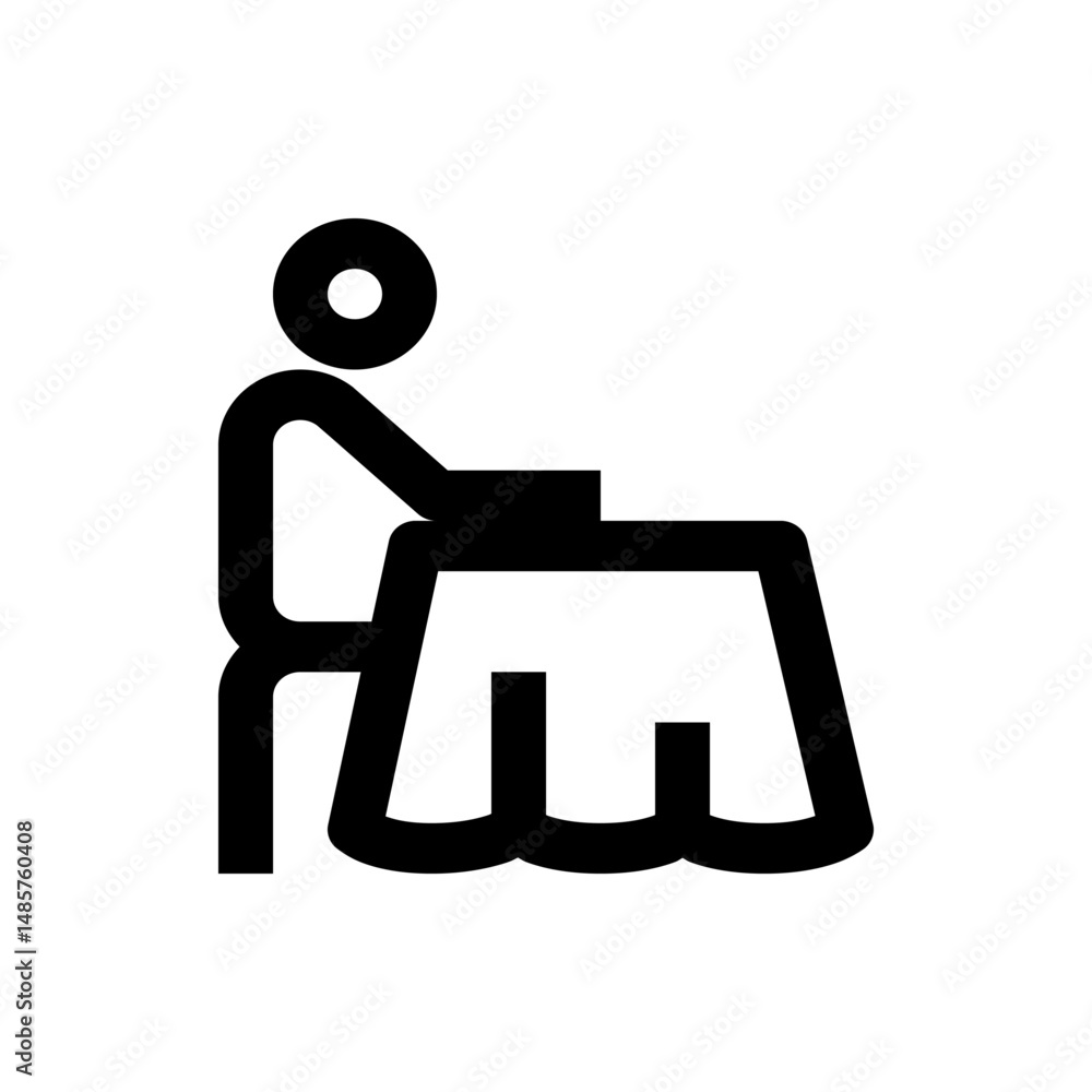 Poster illustration of a person sitting at a table with a square object on it in a simple black outline sty
