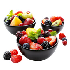 fruit salad bowls with mixed berries and fruits isolated on white and transparent background.