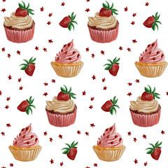 Seamless pattern with cupcakes, strawberries and small red flowers on white background. The design conveys sweetness, celebration, and a playful dessert-themed concept