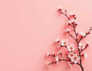 Obraz premium cozy spring festival arrangement with plum blossoms in the corner on a dusty rose background, in a warm festive style, with early morning light harmony, clear empty space, high resolution