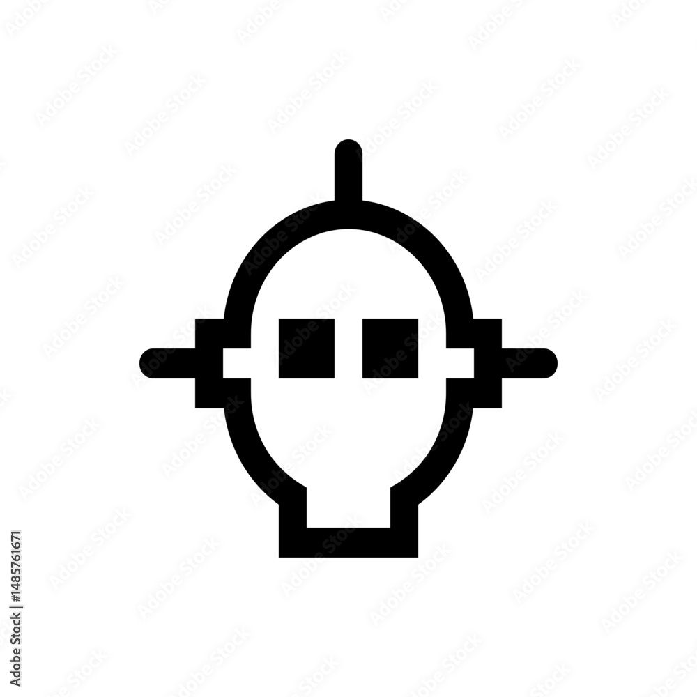 Poster abstract robot head with square eyes and antenna on top and sides rendered in black and white minima