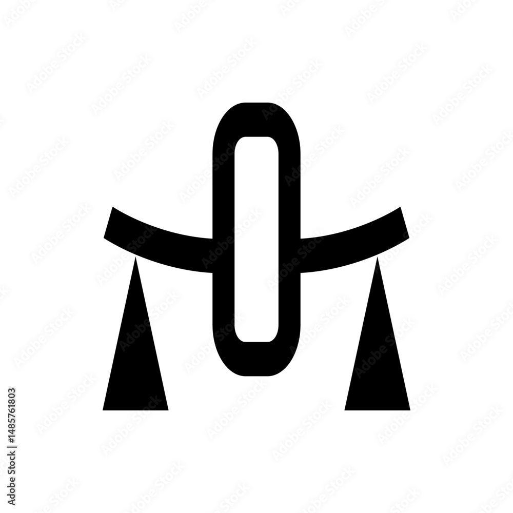 Poster black and white illustration of a curved line supported by two triangles with a rectangle at center 