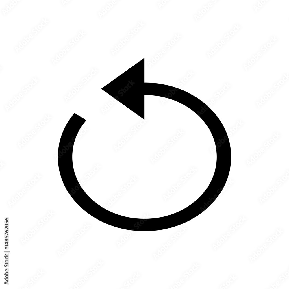 Poster black circular arrow pointing left indicating a refresh or a return action on a white background vie