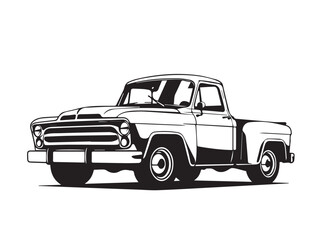 Silhouette of old pickup truck. Black silhouette of a pickup truck isolated on white background. Vector silhouette.	
