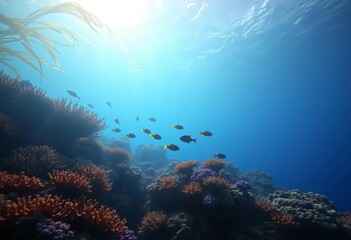 Naklejka premium Ethereal light illuminates vibrant coral reef, exotic fish swim amidst swaying kelp, empty space, fantasy art