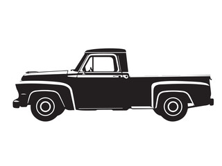 Silhouette of old pickup truck. Black silhouette of a pickup truck isolated on white background. Vector silhouette.	
