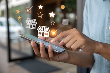 Local business reviews and customer feedback system on mobile device, showcasing star ratings for small businesses. Digital marketing, local SEO, and consumer experience in online business reviews