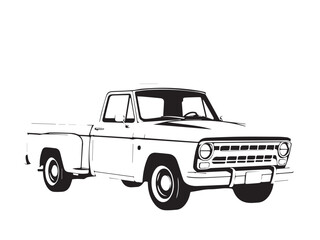 Silhouette of old pickup truck. Black silhouette of a pickup truck isolated on white background. Vector silhouette.	
