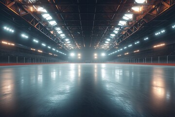 Empty indoor arena, bathed in bright spotlights, showcasing a smooth, reflective floor