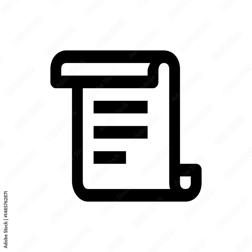 Poster depiction of a document or scroll with curled edges and horizontal lines representing text content s