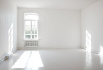 Empty white room, sunlight streams through window, casting dramatic shadows, interior, blank