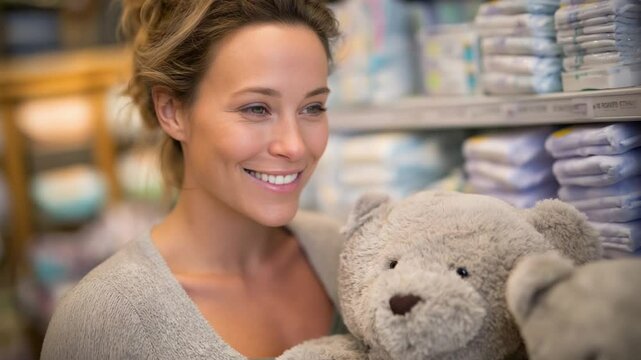 Excited Expectant Mother Shopping for Baby Supplies in Cozy Store