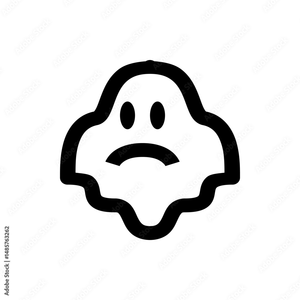 Poster illustration of a simple black and white ghost with a sad expression and rounded features on a white
