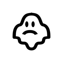 Illustration of a simple black and white ghost with a sad expression and rounded features on a white background