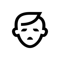 Illustration of a simple face with sad expression and hair on the forehead in black and white color scheme