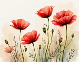 Fototapeta premium a soft focus watercolor view of poppies, in a delicate watercolor style, with crimson and warm beige shades, on textured paper, airy washes, diffused contours, serene feel, diagonal composition
