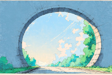 A round tunnel frames a light blue morning sky glowing with serenity forming a clean soft anime scene with balanced composition