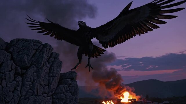 Rapace survolant un village en flammes au cr&eacute;puscule

