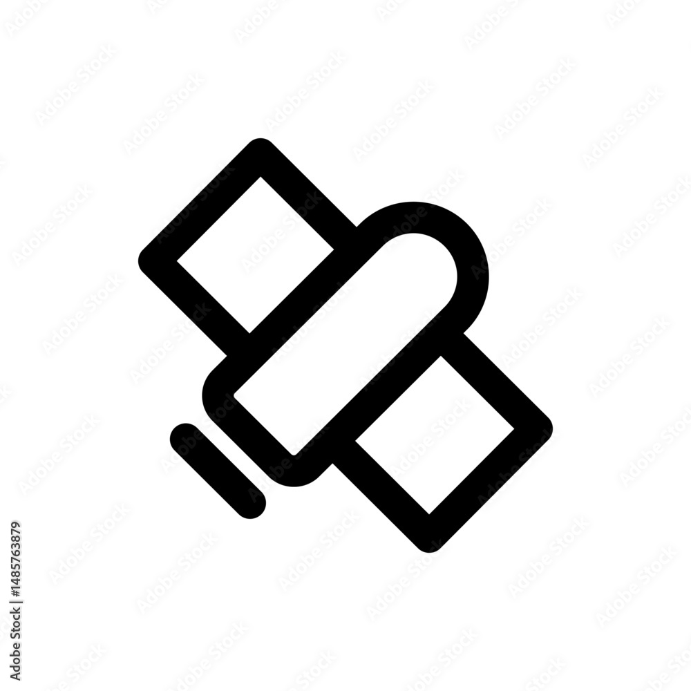 Poster illustration of a stylized satellite with two square panels and a connecting element in black outlin