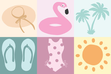 Set of Summer design of beach hat, pink flamingo swimming buoy, coconut palm tree, swimsuit, flip flop, orange sun in pastel colors for banners, greeting cards, sale posters, holiday covers