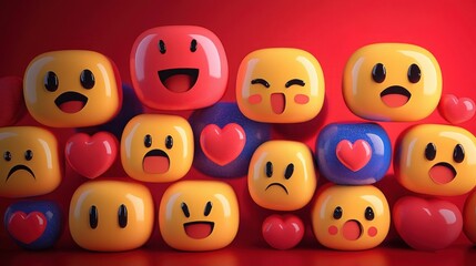 Colorful rounded cubes with various expressive happy, sad, surprised, and loving faces and red heart shapes on bright red background, conveying diverse emotions and warmth