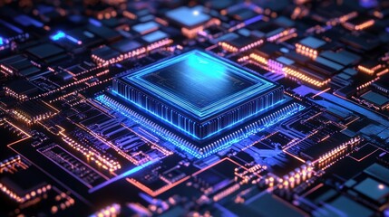 Obraz premium Glowing blue and orange microchip on a detailed circuit board with intricate electronic components and illuminated connections