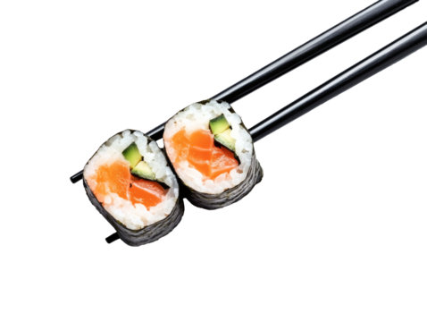 Sushi roll held by black chopsticks isolated on white background food photography culinary art. PNG Transparent editable. 3D and isolated object illustration.
