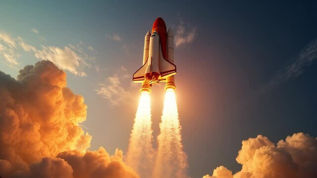 Powerful space shuttle launch with rocket engines igniting and creating brilliant orange exhaust clouds. Stunning aerospace footage capturing the dramatic moment of human venture into space exploratio