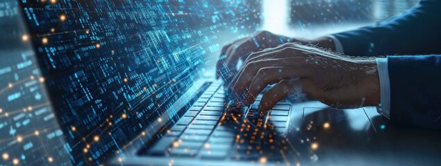 Close-up of hands typing on a laptop keyboard with digital data streams and glowing code overlays representing cybersecurity or programming activity