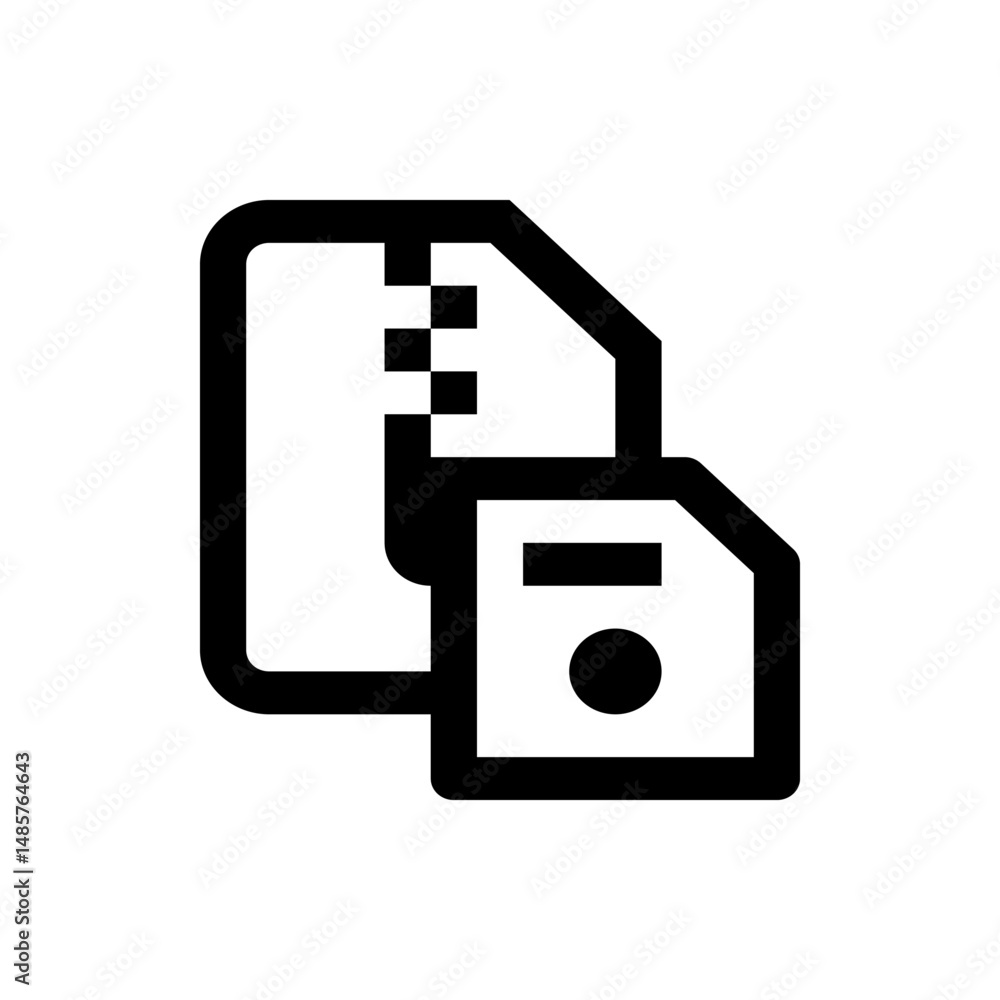 Aufkleber icon depicting two documents stacked with a zipper like design connecting them in black and white st