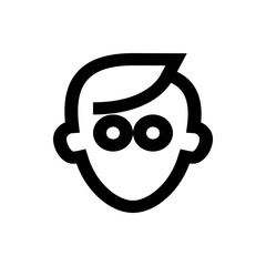 Illustration of a simple outlined face with large round eyes and stylized hair on a white background