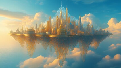 Naklejka premium A fantastical image of a majestic city seemingly floating above water, with its intricate architecture beautifully reflected on the calm surface under a partly cloudy sky.
