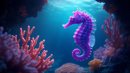  A beautiful image of a bright purple seahorse swimming amongst colorful corals and marine plants in a clear underwater scene.