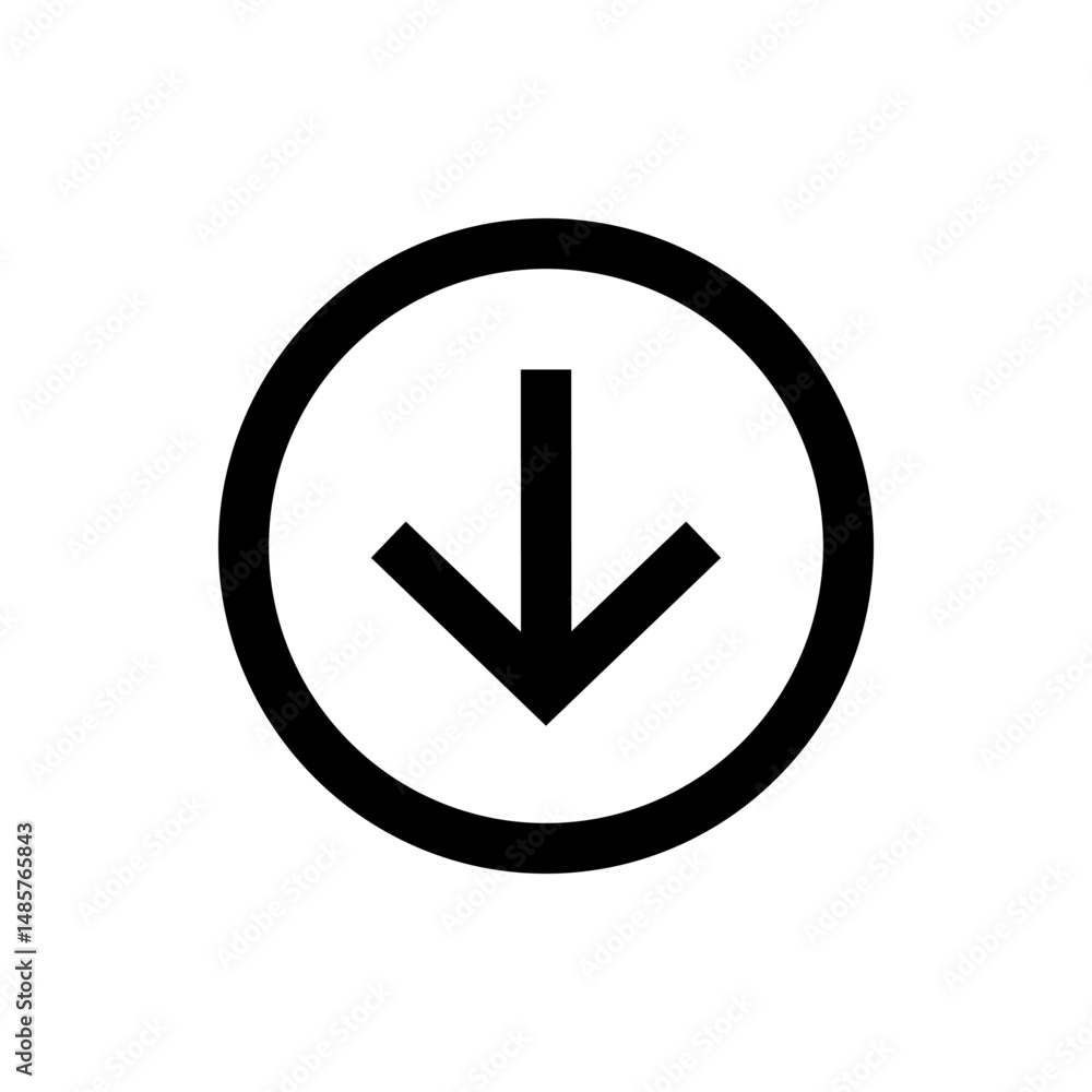 Aufkleber black arrow pointing down enclosed within a black circle on a white background indicating directiona