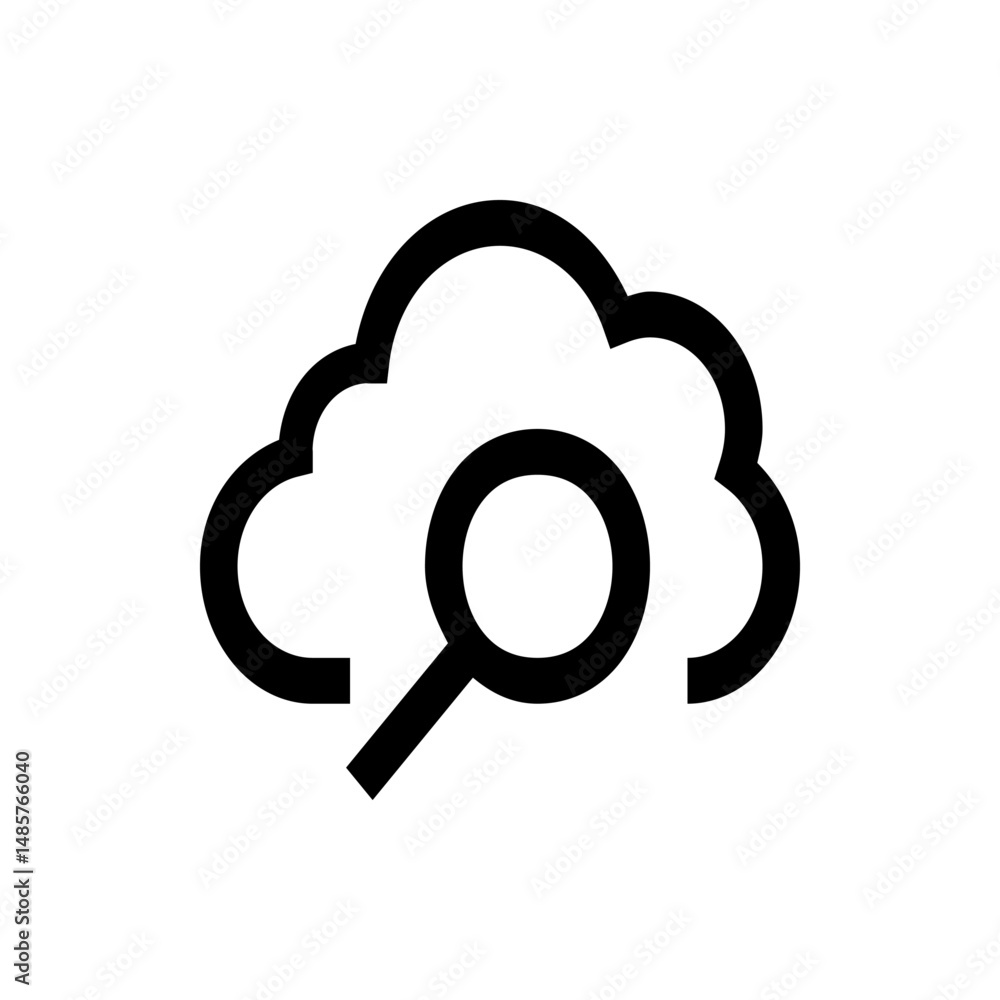 Poster cloud search icon showing a cloud outline with a magnifying glass overlay in a simple vector graphic