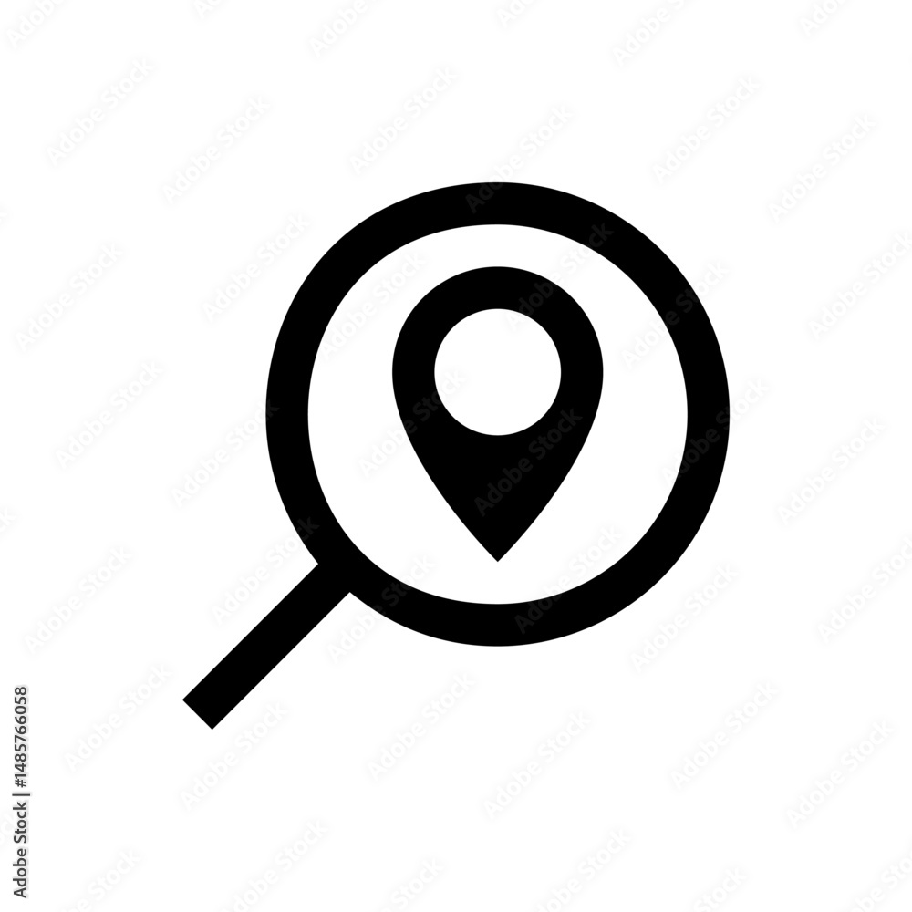 Poster magnifying glass focusing on a location pin icon representing search for places or navigation on a m