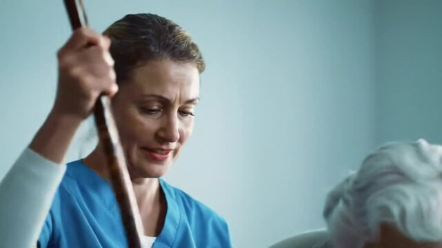 Caring Caregiver in Blue Uniform Smiles with Content Elderly Woman with White Hair in Bright Indoor Setting Promoting Wellbeing and Hope for Earth Day