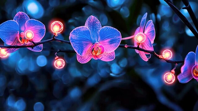 Illuminated purple orchids in night setting.