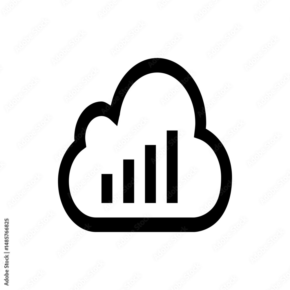 Poster illustration of a cloud shape containing three vertical bars of increasing height in black and white