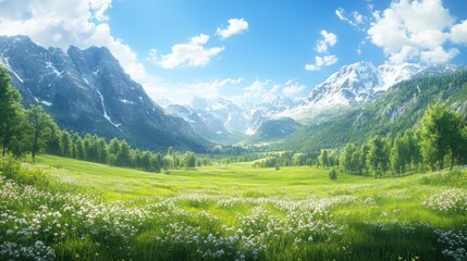 Fototapeta premium Sunny alpine meadow valley. Scenic landscape. Possible use Stock photo
