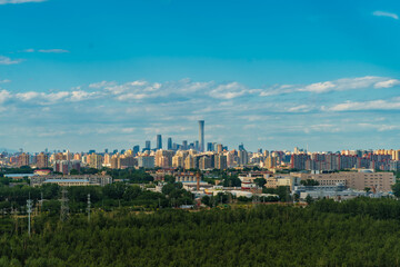 A large forest in Beijing's Nanyuan District and modern urban buildings in the distance