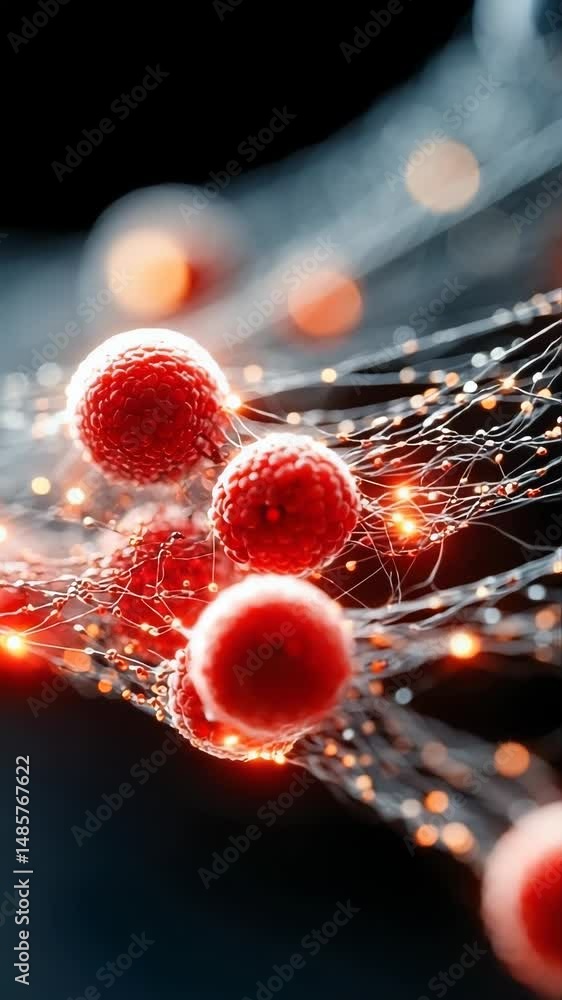 Poster abstract digital visualization of red and black data spheres connected by glowing fiber threads, sym