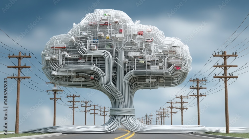 Poster tree with intricate wires depicting a blend of nature and technology in a cloud-native supply chain 