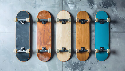a set of six skateboards lined up in a row, each with a distinct design on their tops