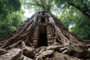 Ancient stone structure overgrown with jungle roots.